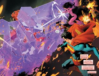 Superman and the other members of the Justice League get to work dismantling Inferno's war machines.