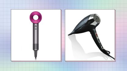 collage of some of the best hair dryers for curly hair by Dyson and ghd
