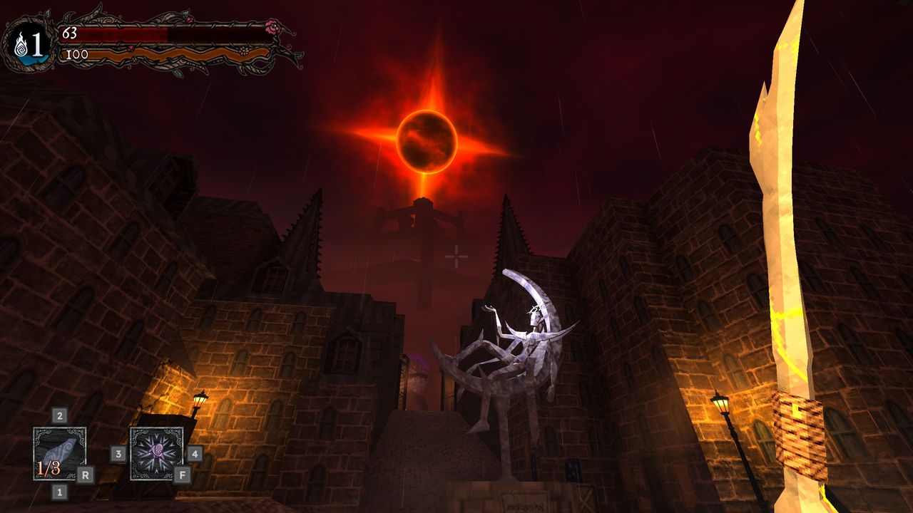Hark the Ghoul screenshot showing blood moon over town square