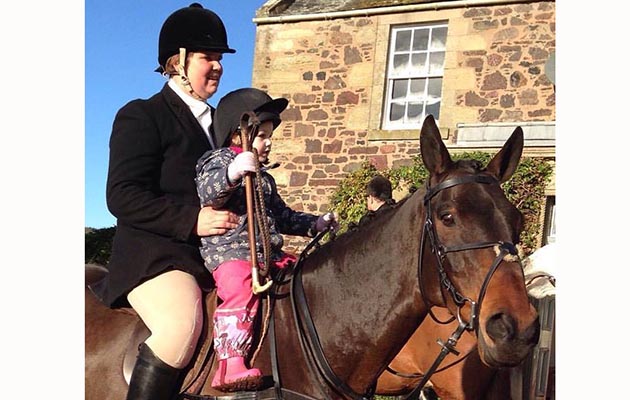 Tamara Hewit, aged two, getting a taste for hunting on ex-racehorse Ocarina