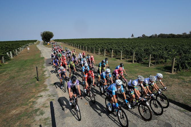The peloton leaves the Mitchelton Winery Estate near Nagambie for stage 1
