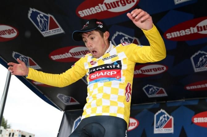 New race leader Alex Howes (Garmin-Sharp) almost falls off the stage