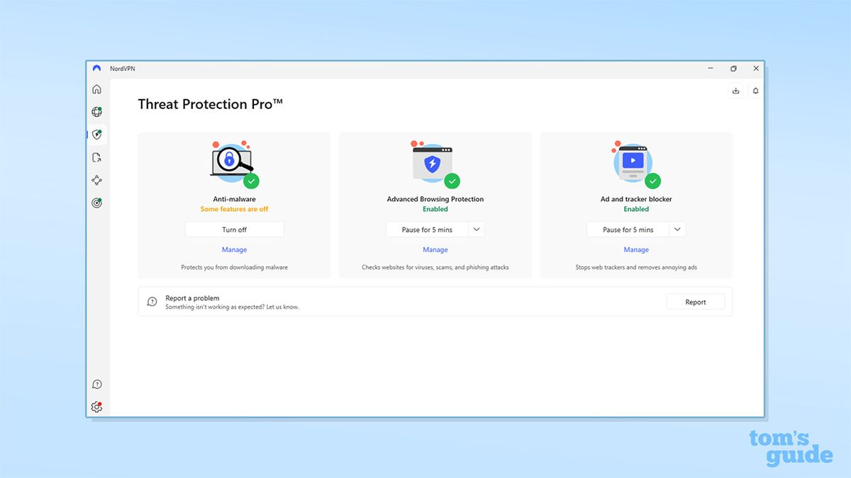NordVPN's Threat Protection Pro tab on its Windows app. There are three icons which read "Anti-malware. Some features are off" with a button underneath that reads "turn off", "advanced browsing protection. Enabled" with a button underneath that reads "pause for 5 minutes" and "ad and tracker blocker. Enabled" with a button underneath that reads "pause for 5 minutes".