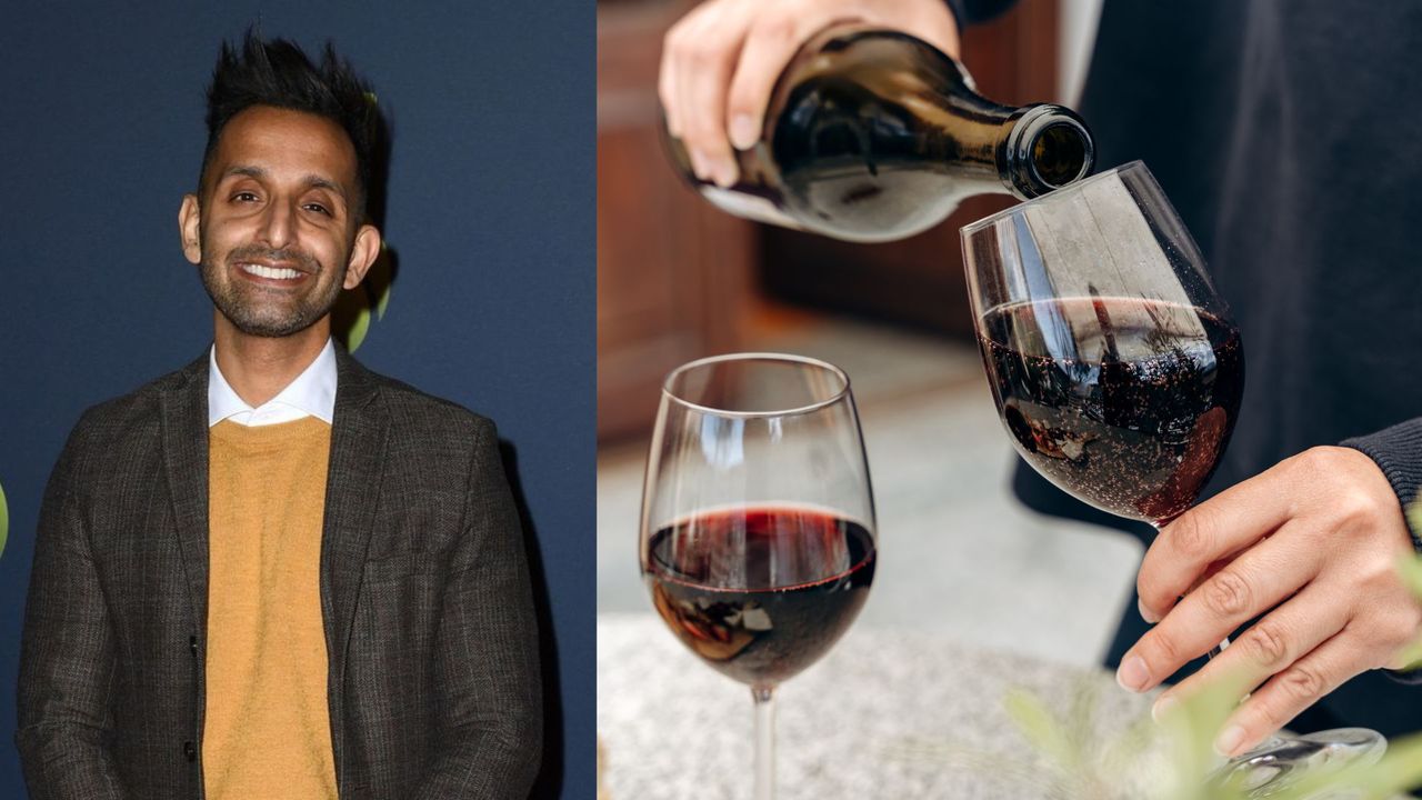 Dr Amir Khan alongside a picture of someone pouring red wine into a glass