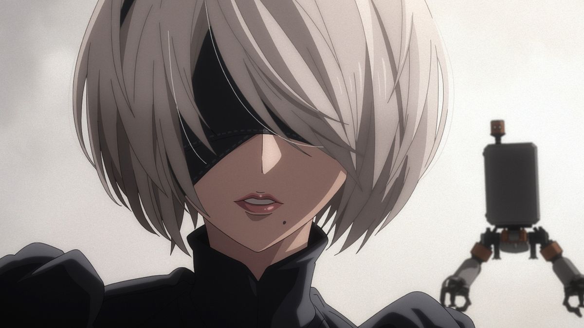 An image from the Nier: Automata anime showing a close-up of 2B&#039;s face with her pod floating in the background.