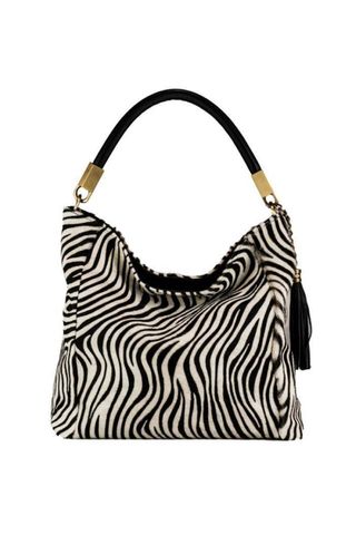 Sostter Zebra Print Large Hair on Leather Tassel Grab Bag
