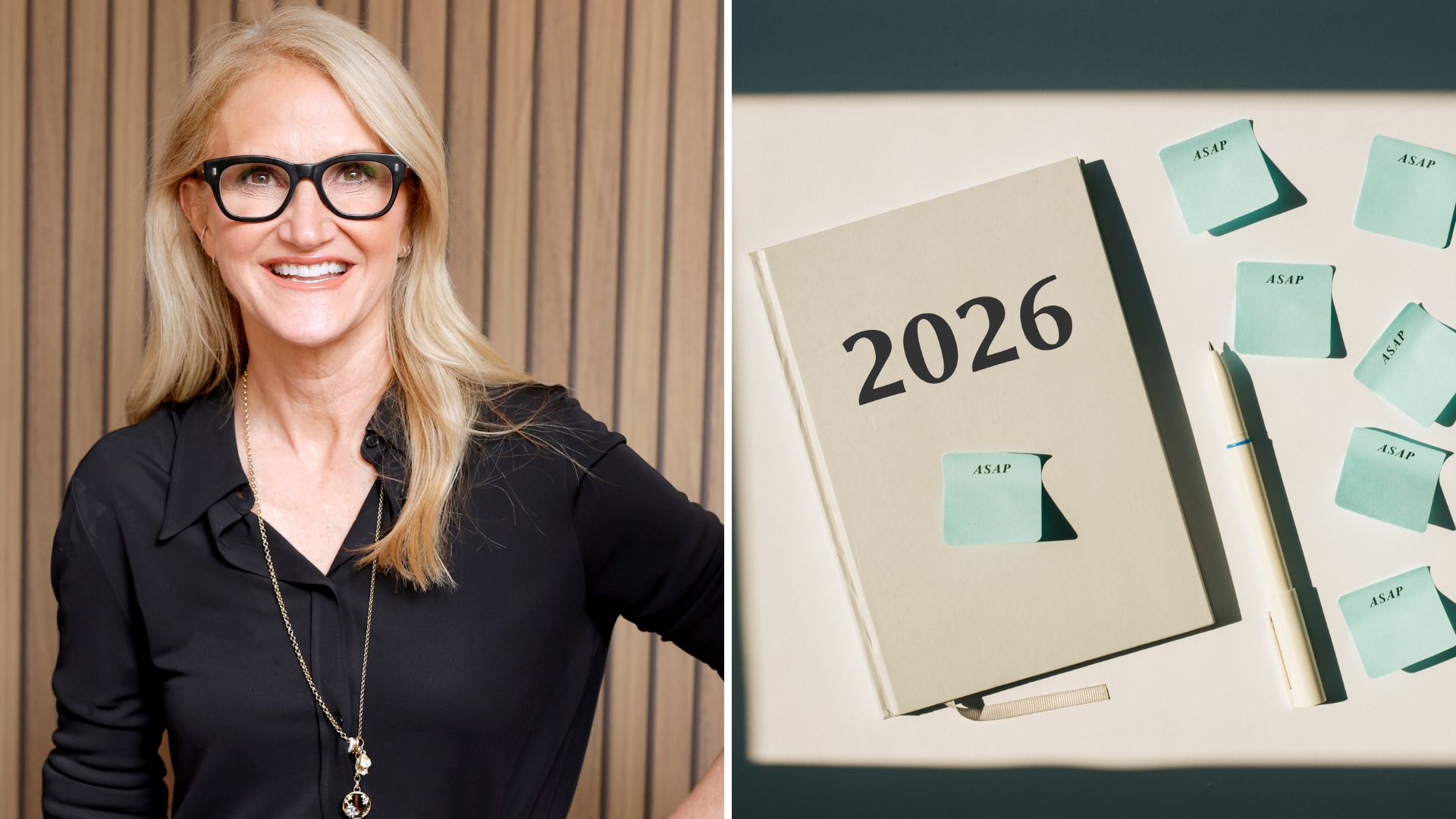 A composite image with Mel Robbins on the left and a 2026 planner on the right 