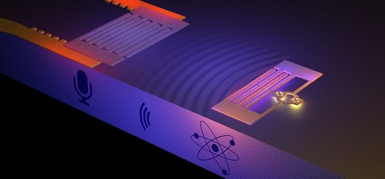 In this illustration, the artificial atom on the right side of the image sends out sound waves that are picked up by the microphone on the left.