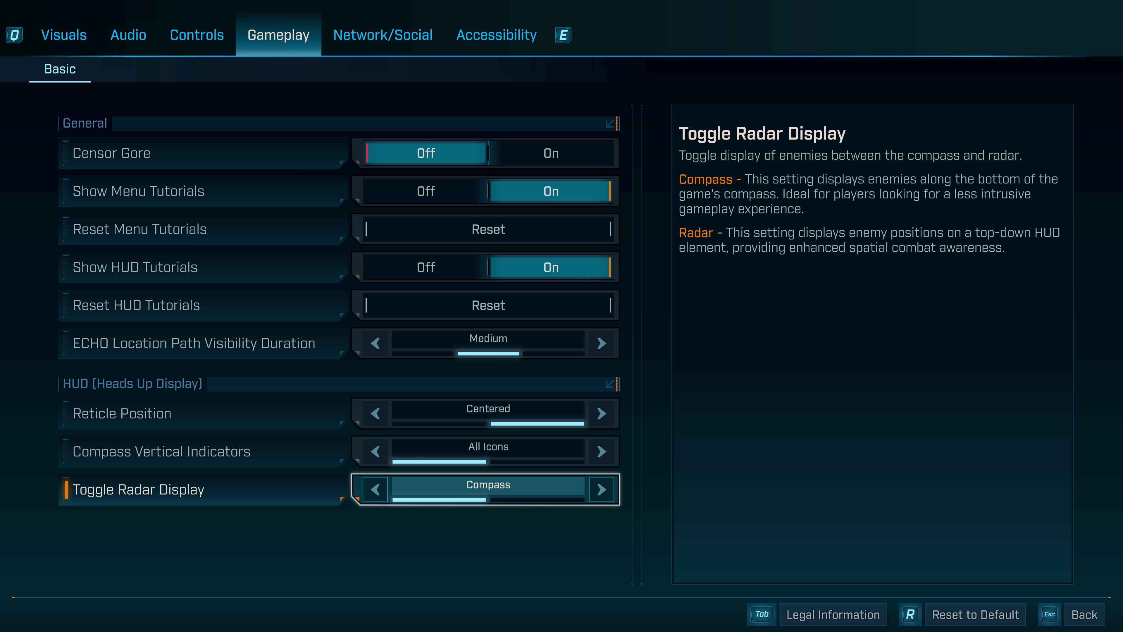 Borderlands 4 minimap setting: A screenshot of the &#039;gameplay&#039; tab in the settings menu, showing the option to toggle the radar display for enemy positions.