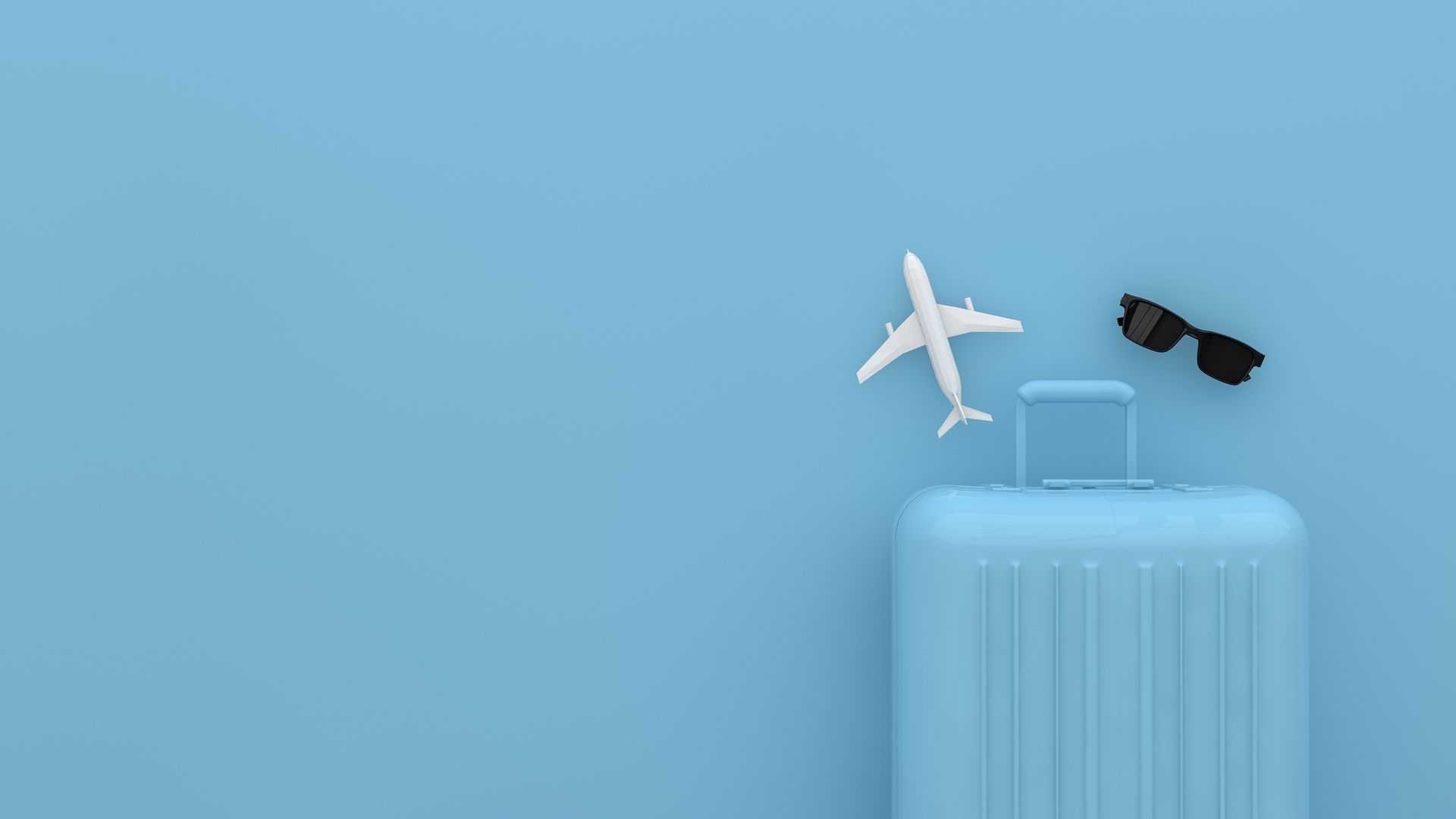 blue suitcase with sunglasses and airplane rendering