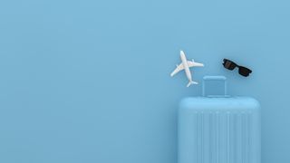 blue suitcase with sunglasses and airplane rendering