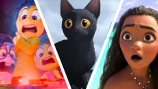 A collage image showing Inside Out 2's Joy, Flow's Cat, and Moana 2's lead character looking shocked