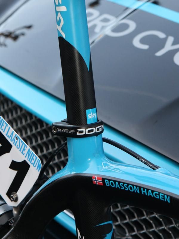 Sky team mechanics mark the saddle height with a handy sticker.