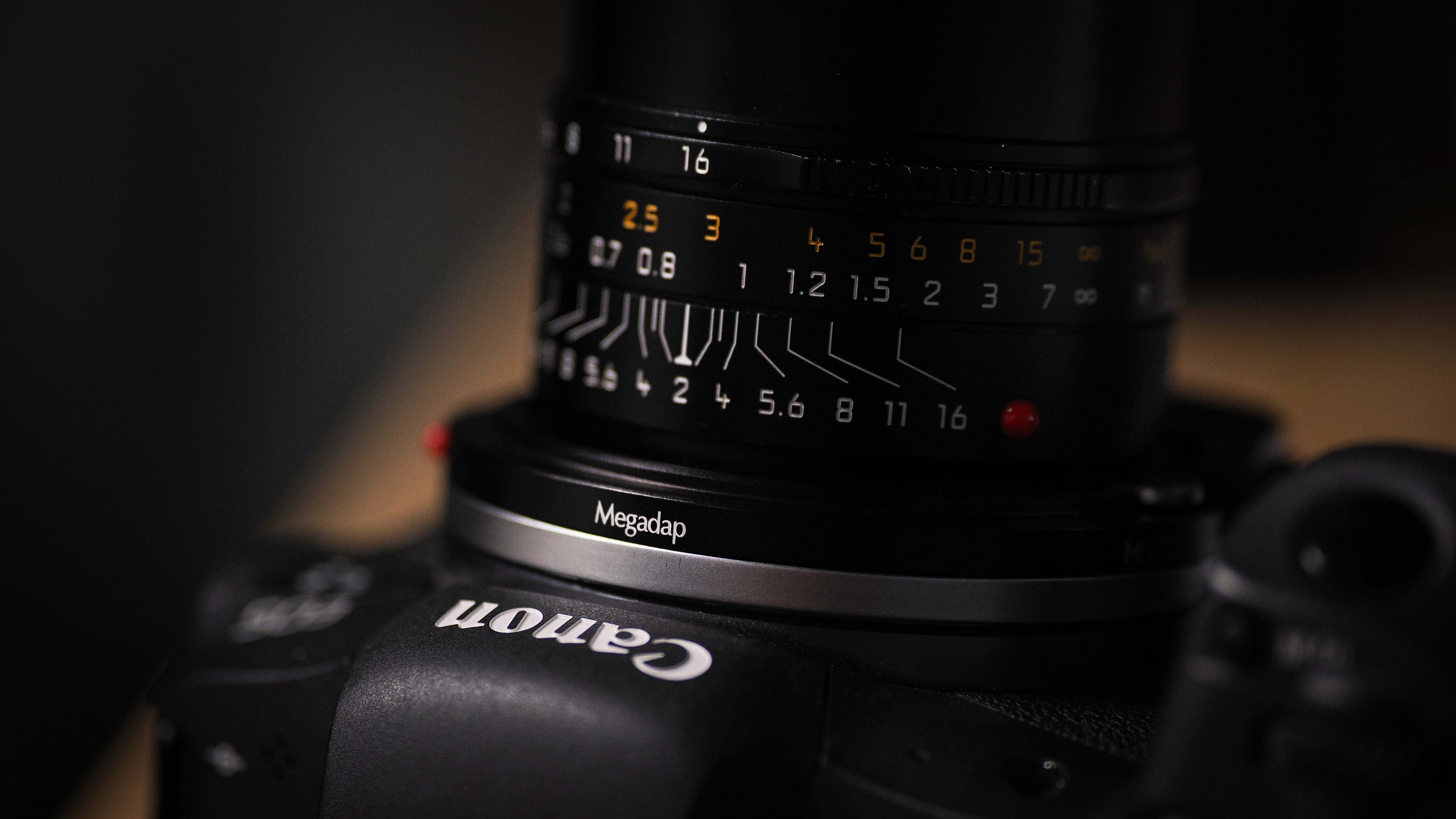 Canon EOS R5 with the Megadap M2RF adapter, mounting a Leica M lens