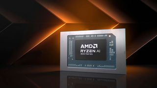 An AMD Ryzen AI 300 series chip against a stylized background