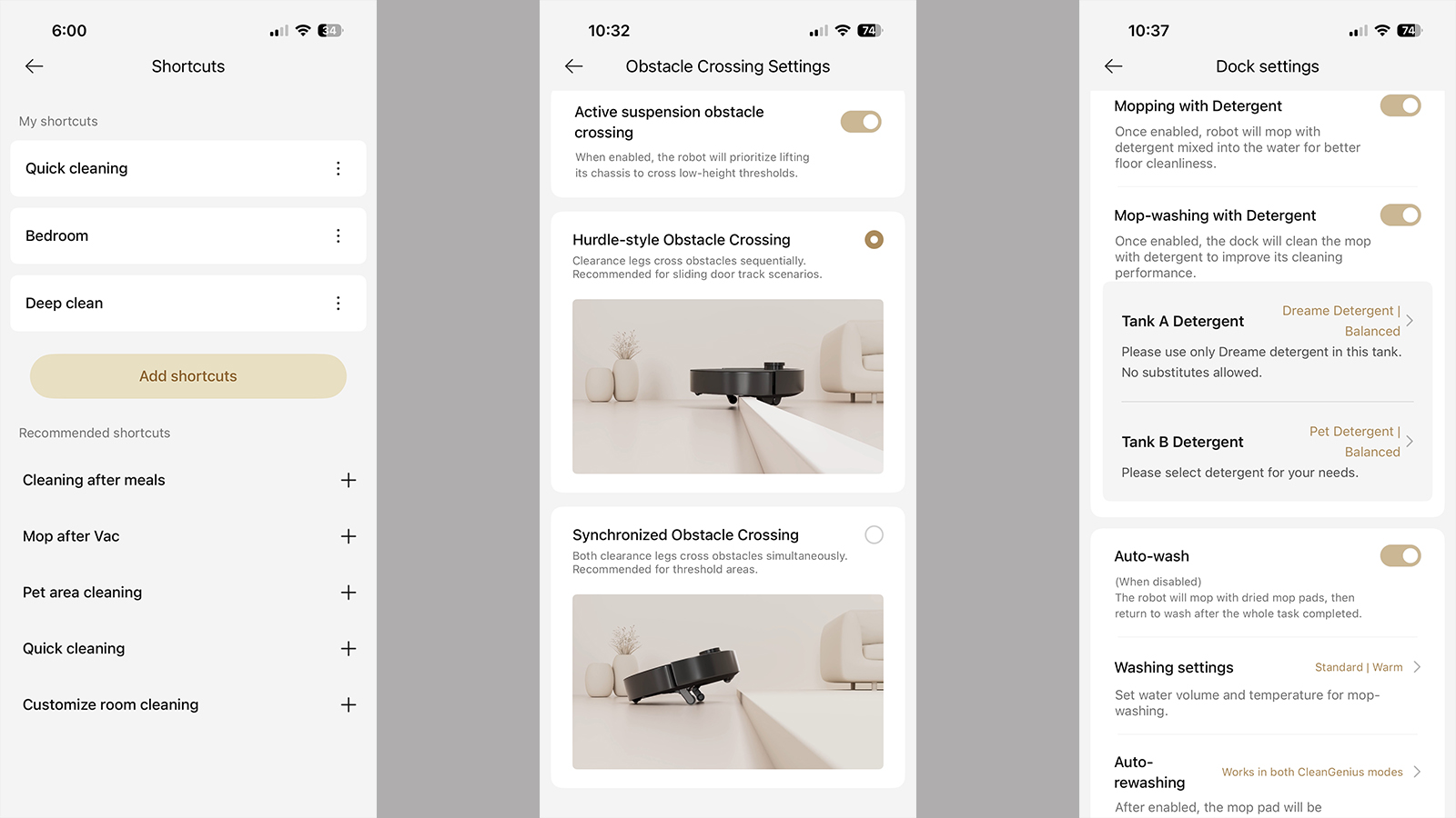 Screenshots from the Dreame app for the Aqua10 Ultra robot vacuum