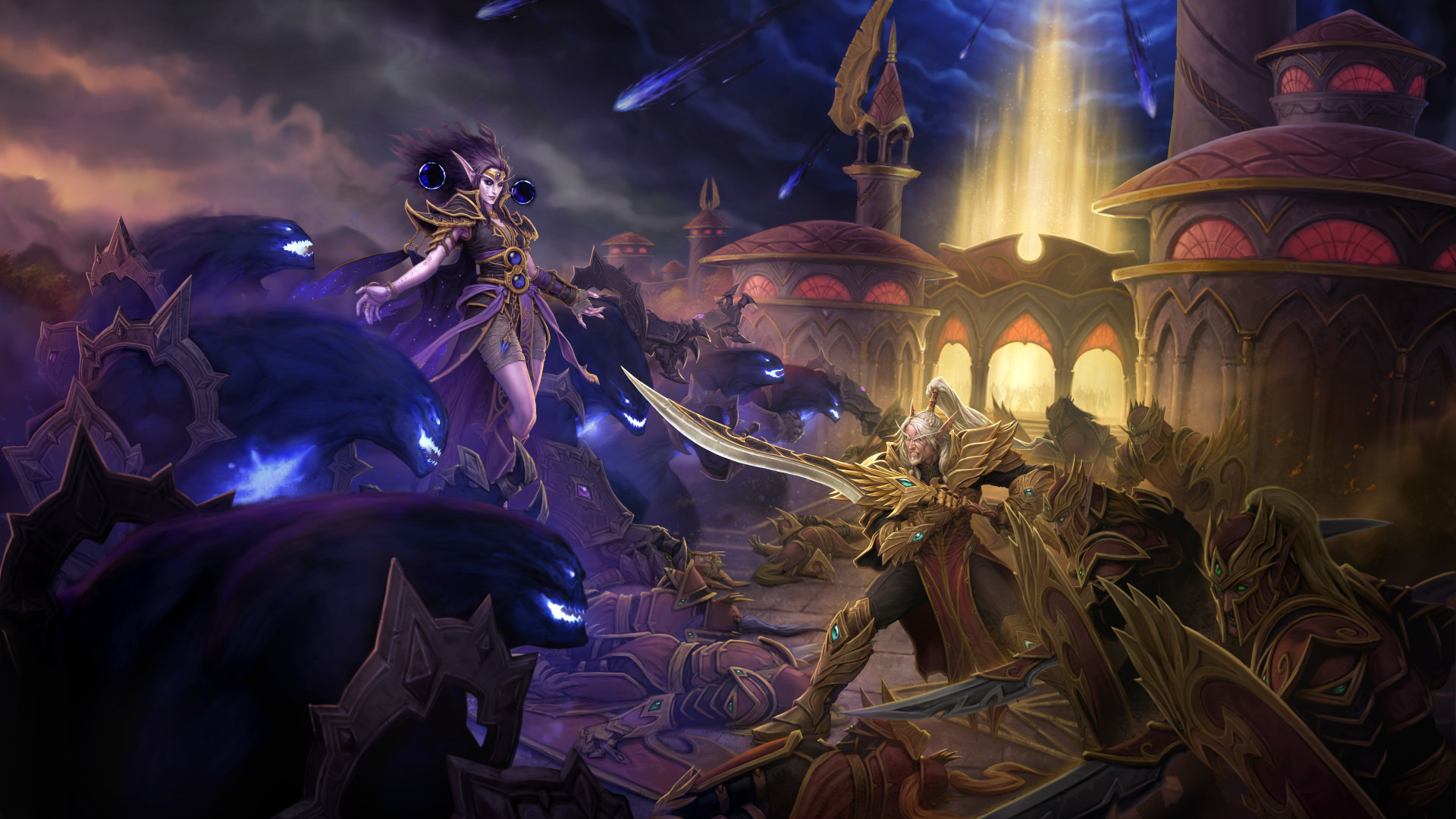 Key art for World of Warcraft: Midnight showing Xal'atath and her dark devourers clashing in battle with Lor'themar Theron's golden-armored forces