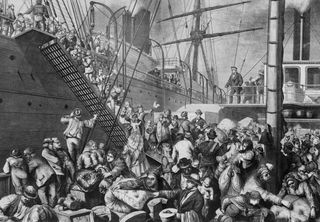 Germans emigrate to America on a Hamburg steamer in 1874.