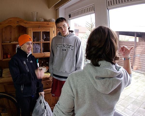 Juniors Sean Worsech and Steve Fisher, Rad Racing team-mates and members of Euro Cross Camp IV, get instructions from Else on how to do laundry.
