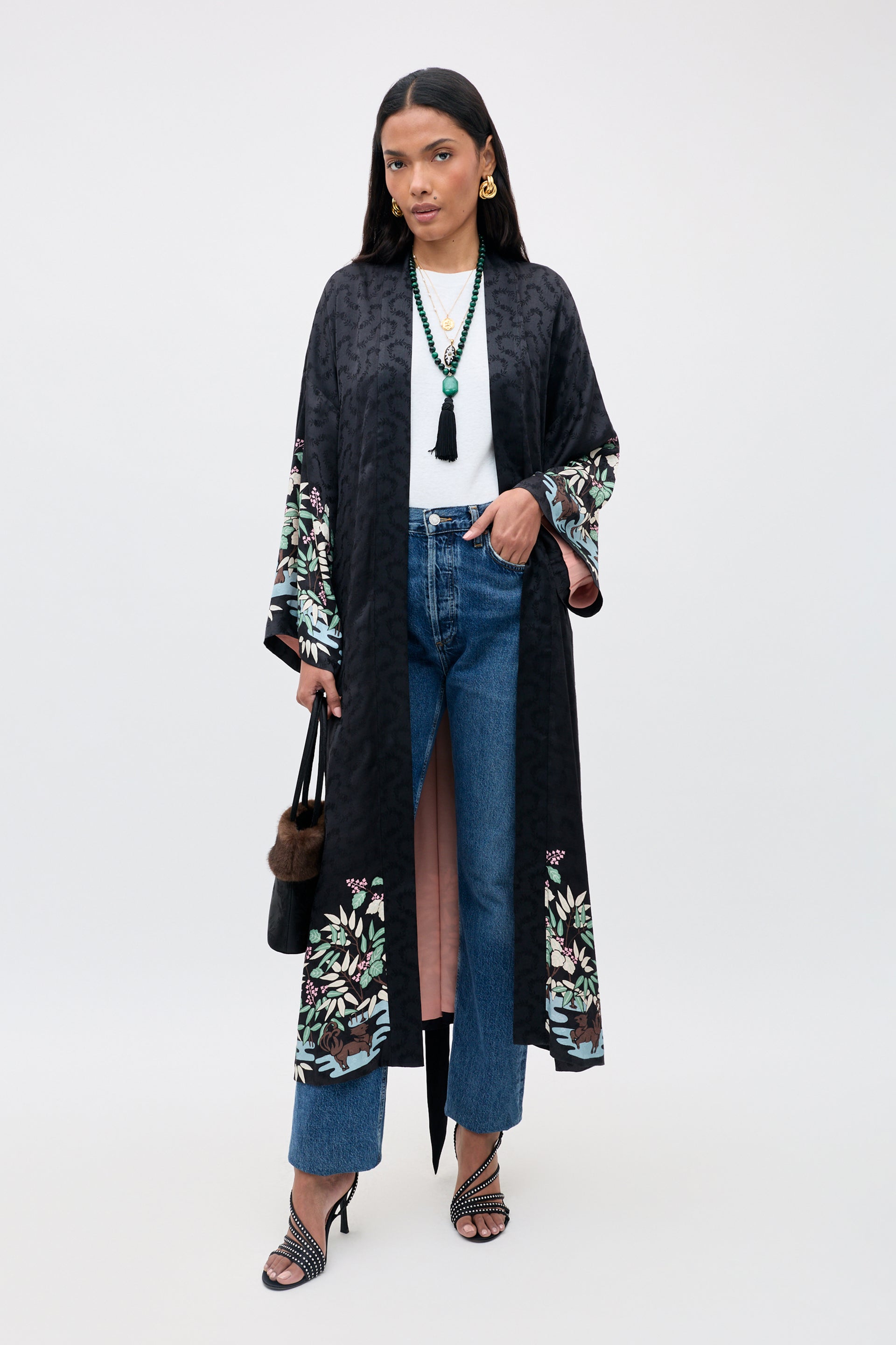 Kaiden Satin Jacquard Jacket in Navy Blossom Jungle Black