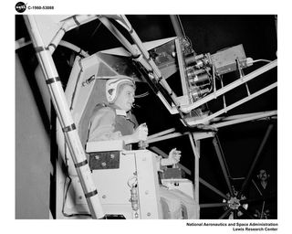 Jerrie Cobb, testing the Gimbal Rig in the Altitude Wind Tunnel in April 1960. The Gimbal Rig was used to train astronauts to control the spin of a tumbling spacecraft.