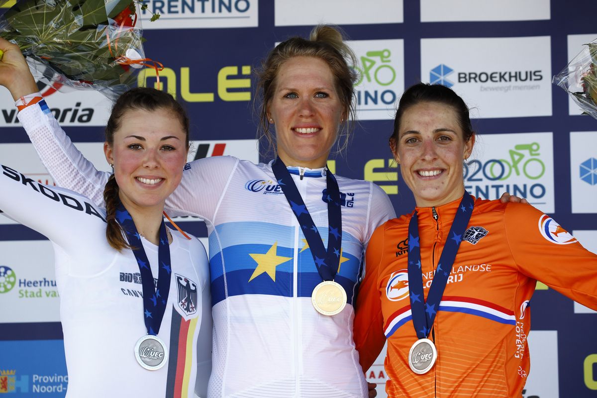The elite women's TT podium (l-r): Lisa Klein (Germany), Ellen van Dijk (Netherlands) and Lucinda Brand (Netherlands)