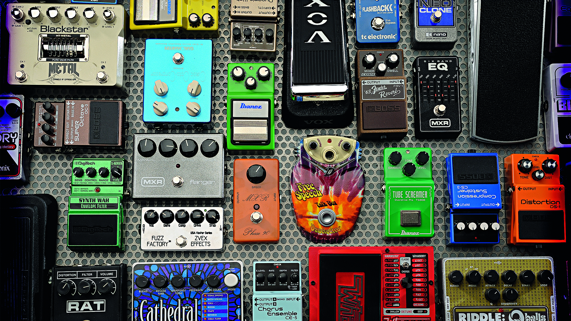 A large selection of electric guitar effects pedals photographed during a studio shoot for Total Guitar Magazine, August 7, 2012.