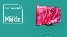 The Samsung 65-inch S90C OLED TV on a green blue background with text saying Lowest Price.