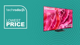 The Samsung 65-inch S90C OLED TV on a green blue background with text saying Lowest Price.