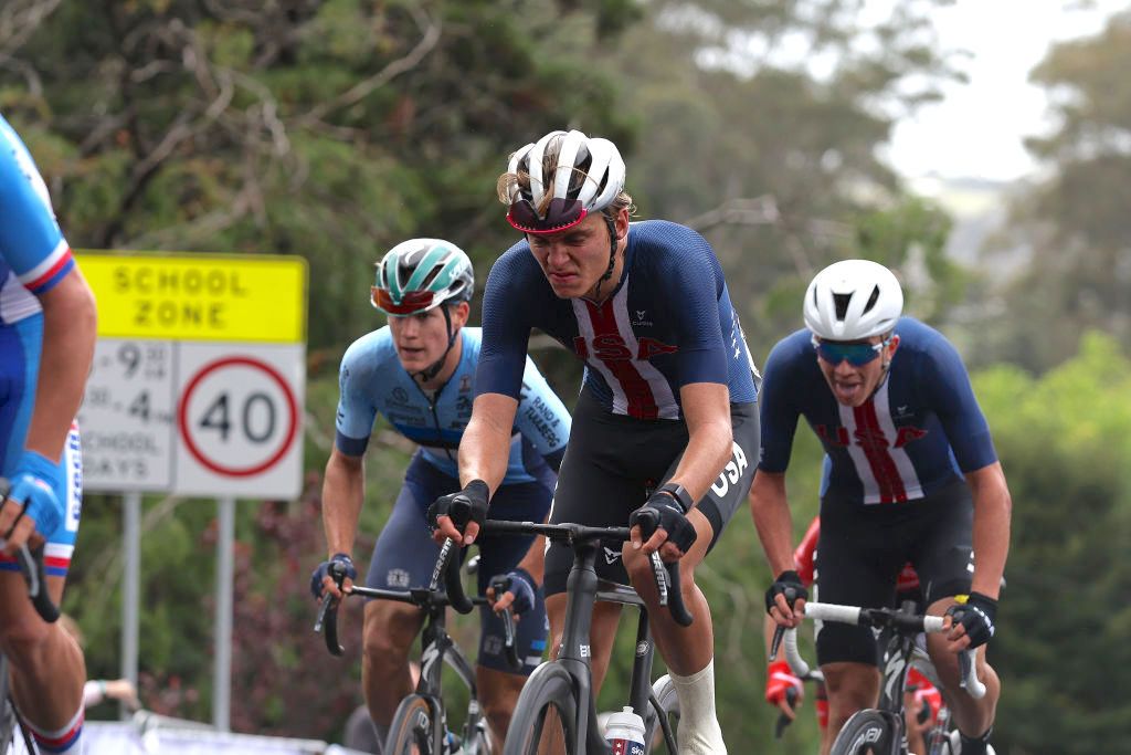 WOLLOGONG, AUSTRALIA - SEPTEMBER 23: Artem Shmidt of The United States and Viggo Moore of The United States compete in the breakaway during the 95th UCI Road World Championships 2022 - Men Junior Road Race a 135,6km race from Wollongong to Wollongong / #Wollongong2022 / on September 23, 2022 in Wollongong, Australia. (Photo by Con Chronis/Getty Images)