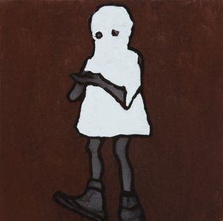 Illustration, brown background, white hooded figure with black eye holes, greyish/ brown arms and legs, clasped hands and large boots on feet