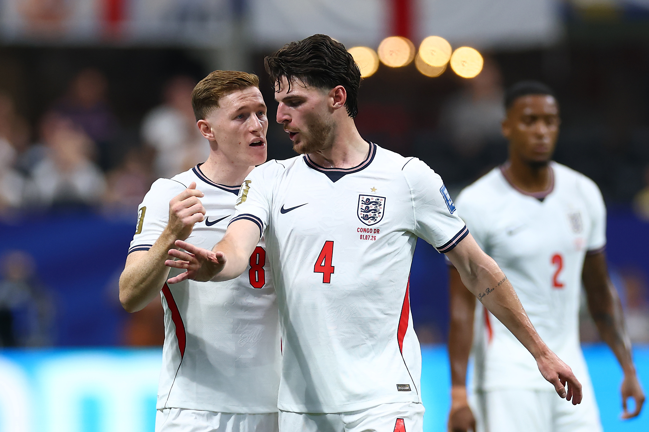Declan Rice of England reacts to Elliot Anderson during the FIFA World Cup 2026 Round of 32 match between England and Congo DR. (Photo by Chris Brunskill/Fantasista/Getty Images)