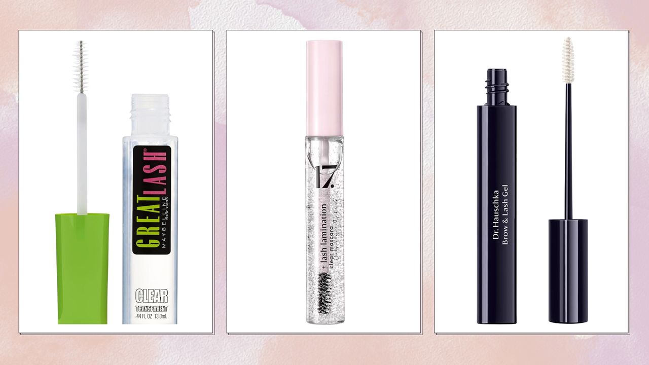 Collage of best clear mascaras (L-R) Maybelline Great Lash Clear Mascara, 17. Brow + Lash Lamination Clear Mascara and Dr Hauschka Brow and Lash Gel, on a pink watercolour background