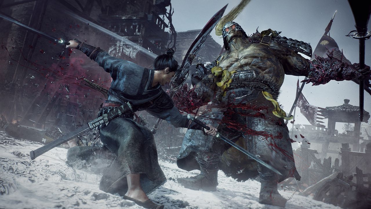 martial artist dual wielding swords squaring off with a large ogre type enemy
