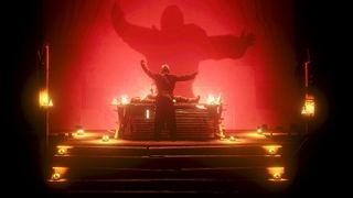 Metro Awakening screenshot - Man standing over a woman on an altar in front of a red background