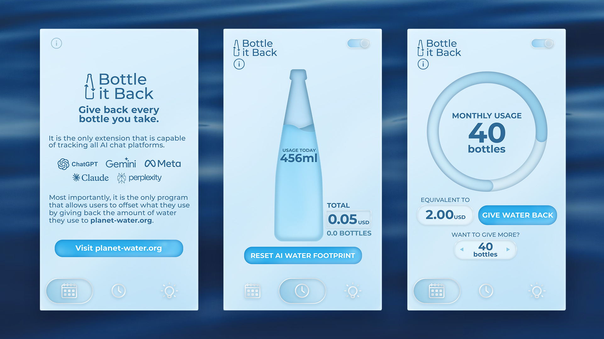 Bottle It Back screens showing water usage.