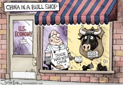 Political Cartoon U.S. Trade War China in a Bull Shop Stock Market