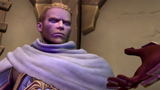 Anduin, traumatised from his many struggles in World of Warcraft: The War Within, stares bleakly at an offered hand, as if it's holding a knife that isn't there.