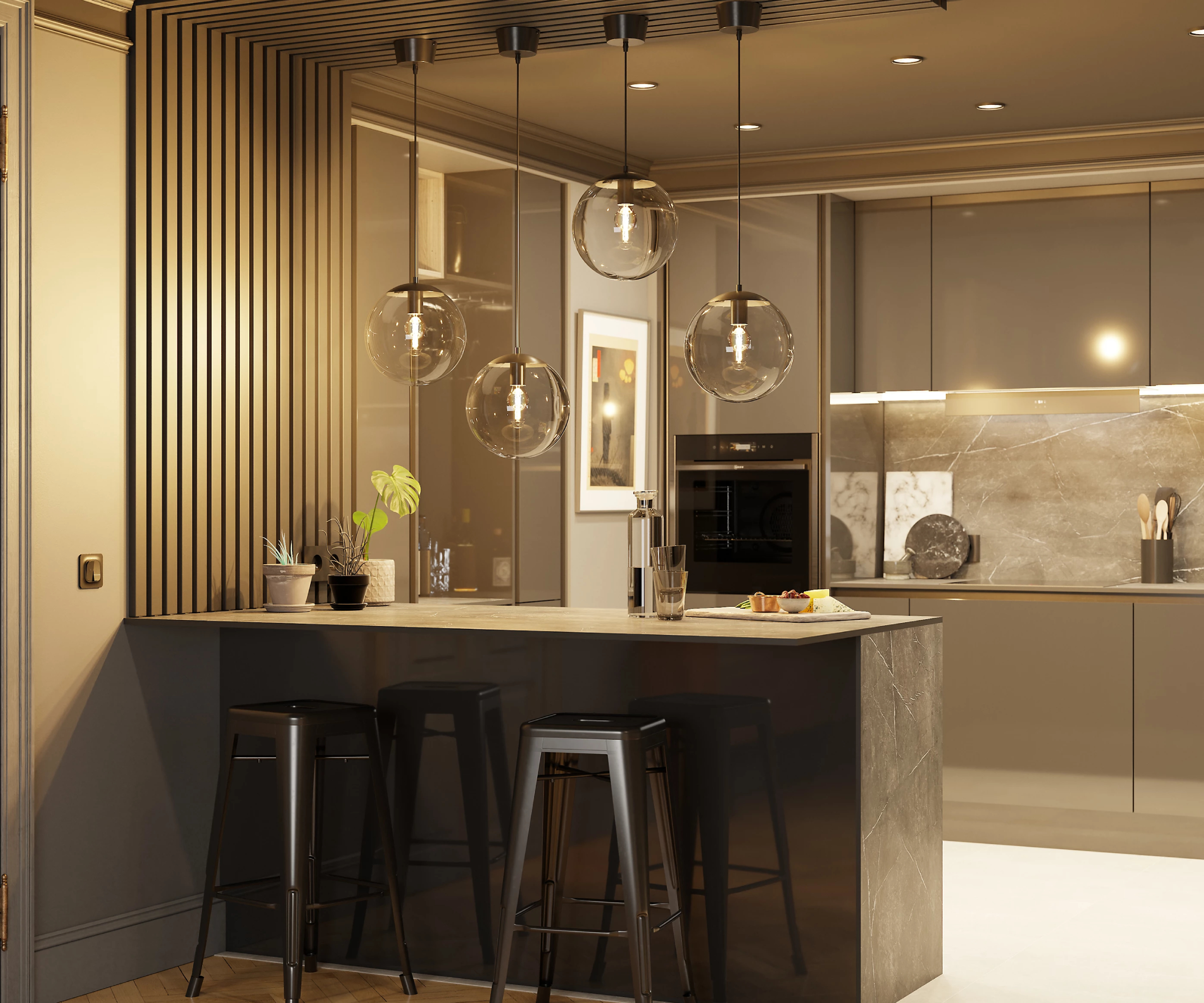 kitchen with sopastone effect grey laminate worktops on island and main kitchen areas