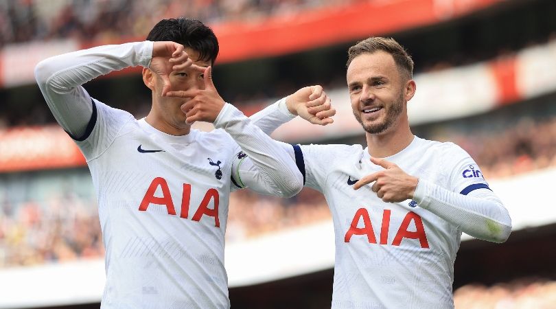 Son Heung-min and James Maddison celebrate Tottenham&#039;s equaliser against Arsenal at the Emirates in September 2023.