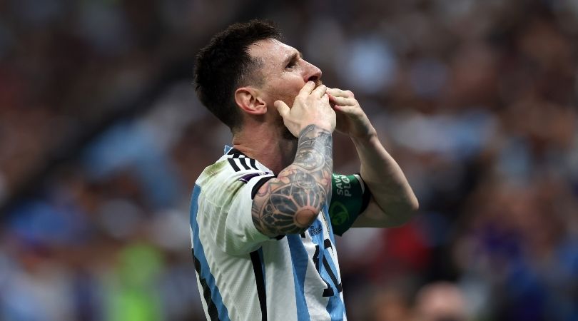 Lionel Messi celebrates after scoring for Argentina against Mexico at the 2022 World Cup in Qatar.