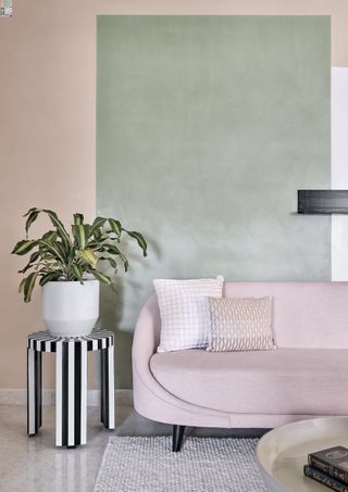 A living room with a pastel color block