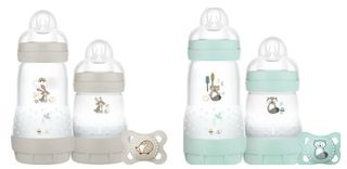 Image of cur out MAM anti colic bottles in blue and grey with dummies