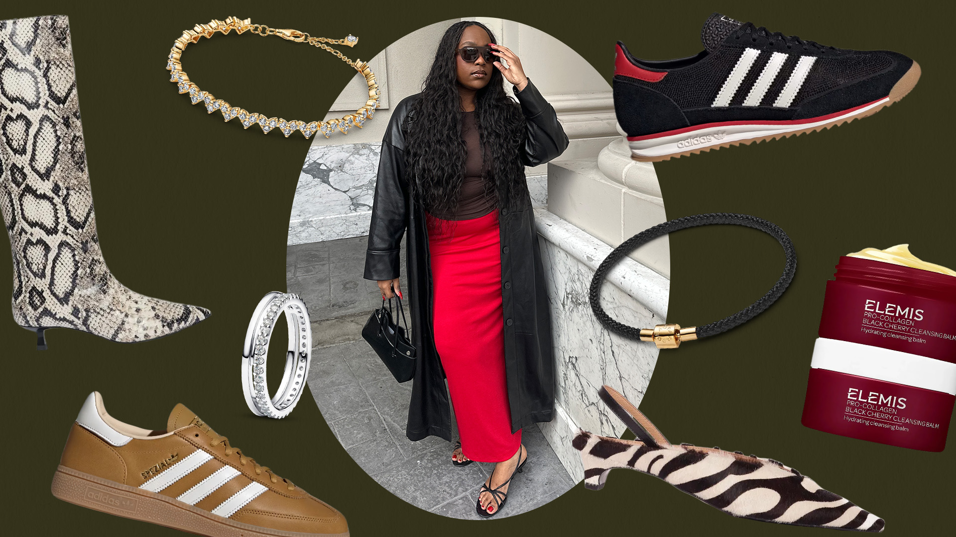 Aniyah Morinia in a collage of shoes, jewelry, and skincare products