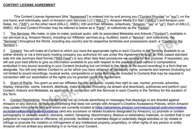 Amazon Podcast Agreement Excerpt