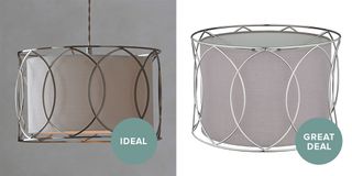 pair of pendant lights with chrome outer frame and fabric inner layer
