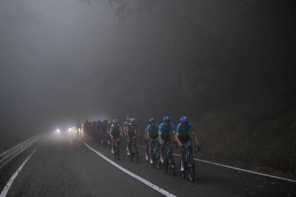 CAMIGLIATELLO SILANO ITALY OCTOBER 07 Oscar Rodriguez Garaikoetxea of Spain and Astana Pro Team Jakob Fuglsang of Denmark and Astana Pro Team Fabio Felline of Italy and Astana Pro Team Vincenzo Nibali of Italy and Team Trek Segafredo Fog during the 103rd Giro dItalia 2020 Stage 5 a 225km stage from Mileto to Camigliatello Silano 1275m girodiitalia Giro on October 07 2020 in Camigliatello Silano Italy Photo by Tim de WaeleGetty Images