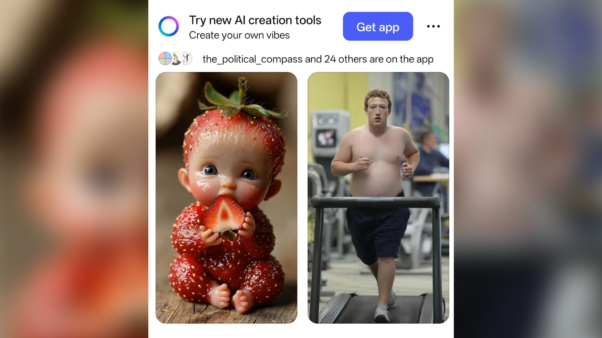 A screenshot of a mid-feed advert for Meta AI, showing a strawberry-baby hybrid and an overweight Mark Zuckerberg running on a treadmill