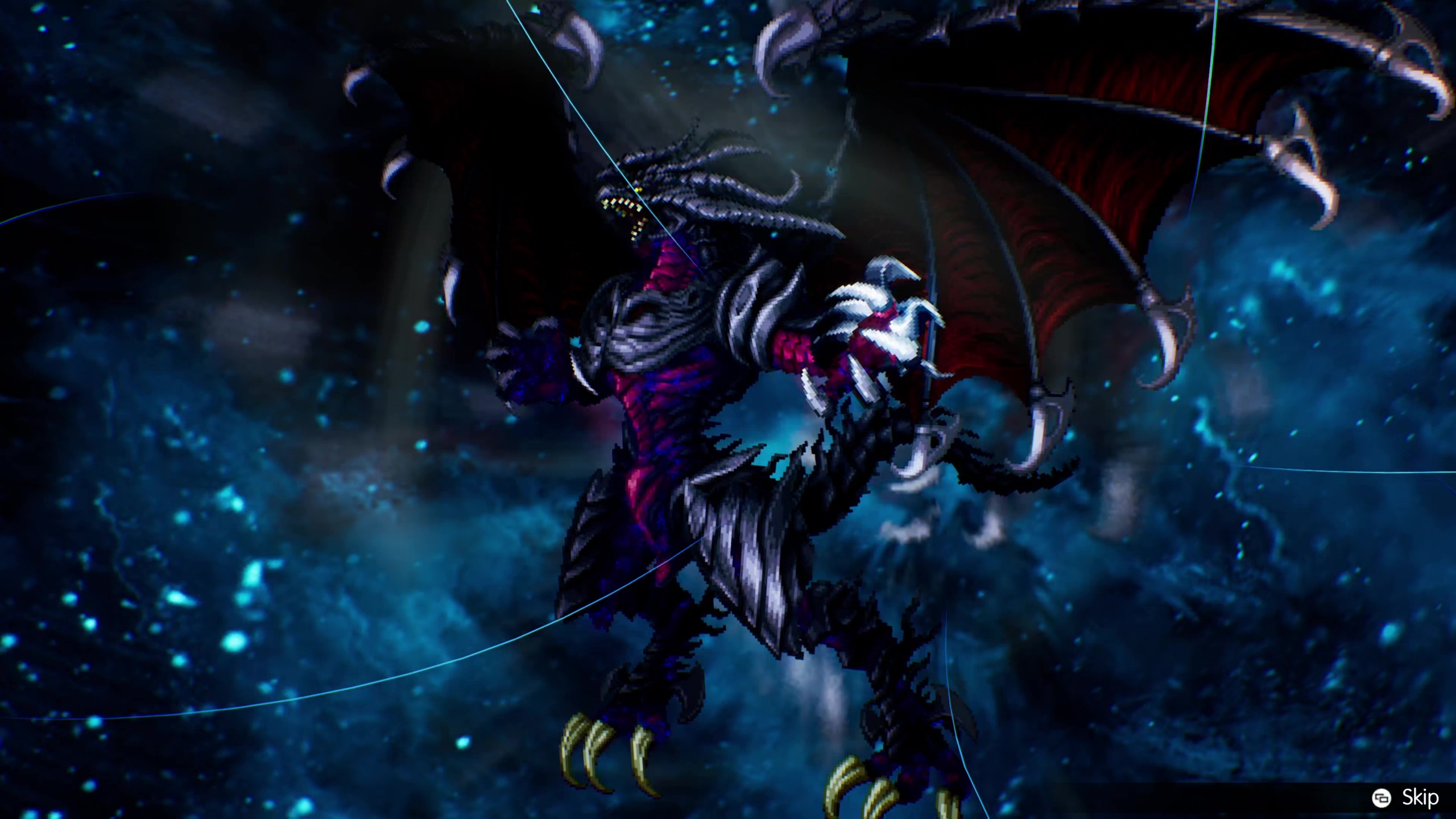 A black and red dragon soars into space roaring triumphantly.