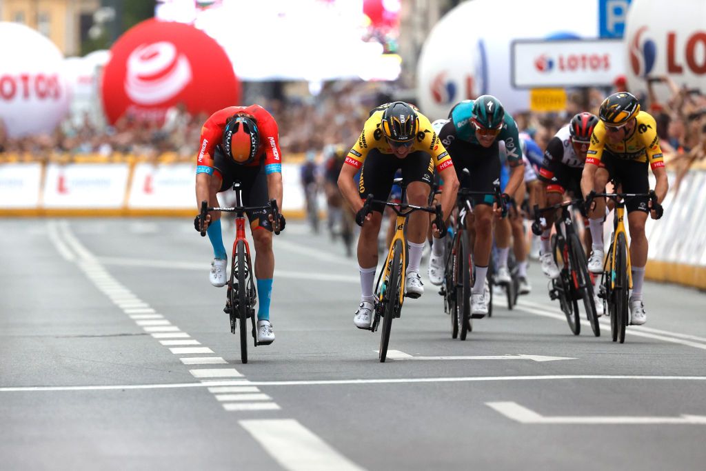 LUBLIN POLAND JULY 30 LR Phil Bauhaus of Germany and Team Bahrain Victorious Olav Kooij of Netherlands and Team Jumbo Visma Jordi Meeus of Belgium and Team Bora Hansgrohe and Mike Teunissen of Netherlands and Team Jumbo Visma sprint at finish line during the 79th Tour de Pologne 2022 Stage 1 a 2188km stage from Kielce to Lublin TdP22 WorldTour on July 30 2022 in Lublin Poland Photo by Bas CzerwinskiGetty Images